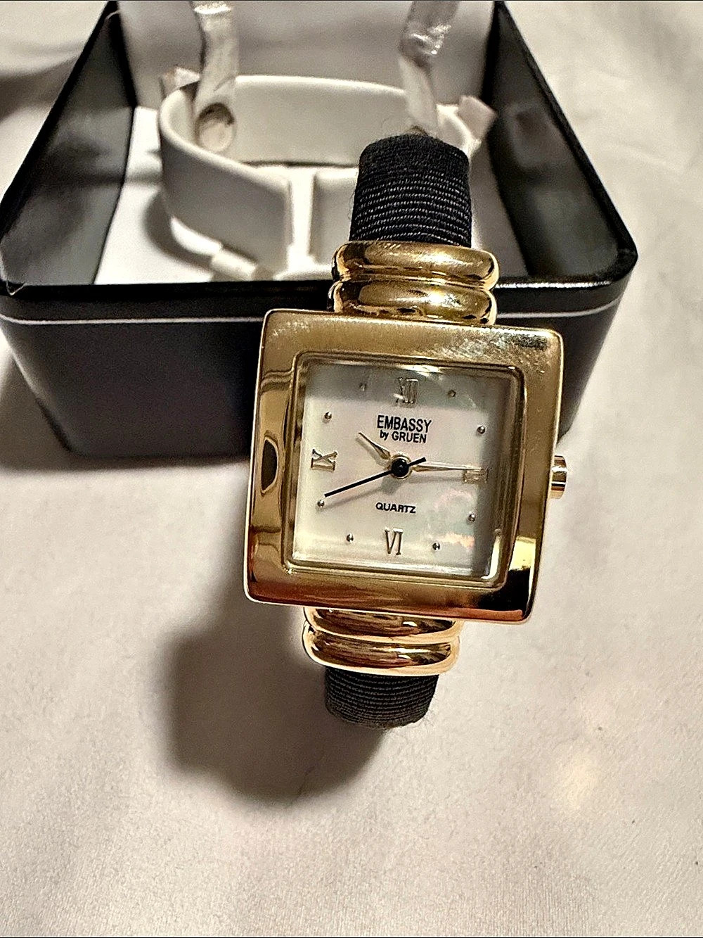 Vintage Embassy by Gruen Quartz Gold-Tone Black Strap Watch